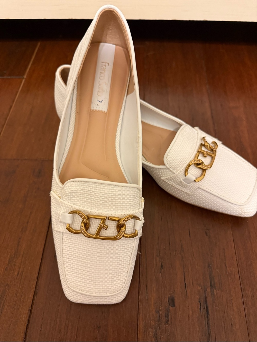 Franco Sarto Cream Loafers with Gold Chain Detail